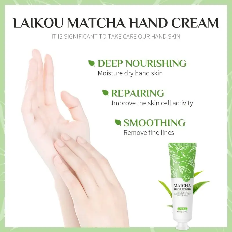 Two Laikou Matcha Hand Cream 30g tubes, one upright and one horizontal, in green packaging. - thumbnail