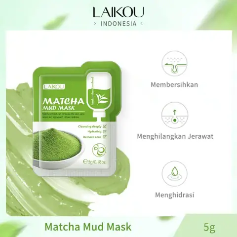Laikou Matcha Mud Mask 5g mini green sachets, clearly stacked on a clean white background.
