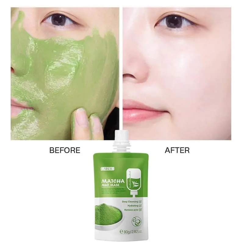 Open Laikou Matcha Mud Mask jar revealing smooth green mud texture with white spatula. - thumbnail