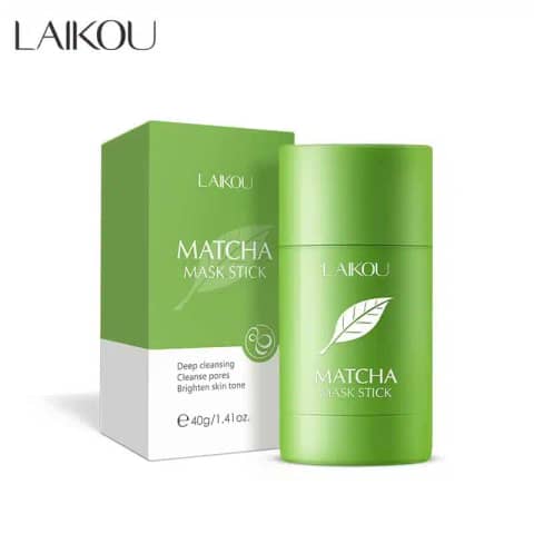 Laikou Matcha Stick Mask 40gm in white and green packaging, with the green solid mask slightly extended.