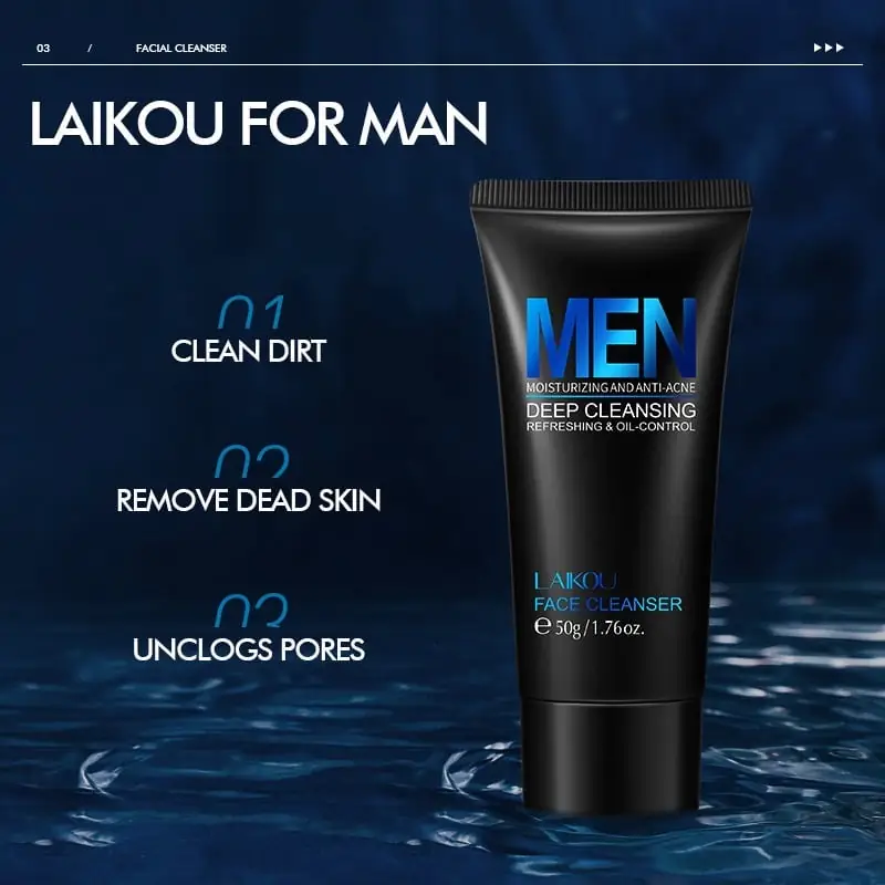 Close-up of Laikou Men's 50g moisturizing face cleanser tube, highlighting hydrating benefits. - thumbnail