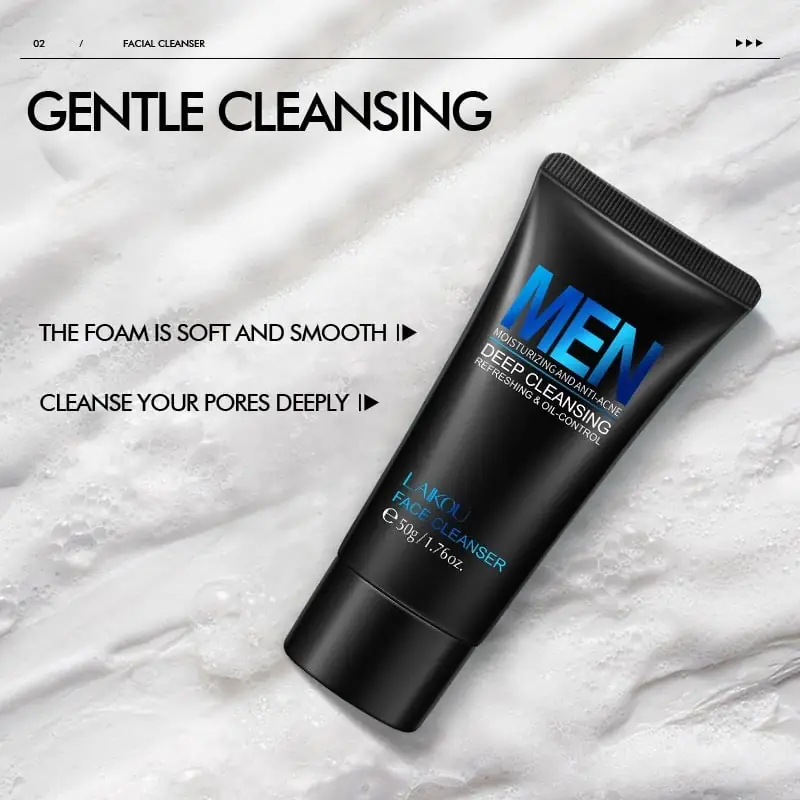 Laikou Men's Moisturizing Face Cleanser 50g tube shown horizontally, displaying product details. - thumbnail