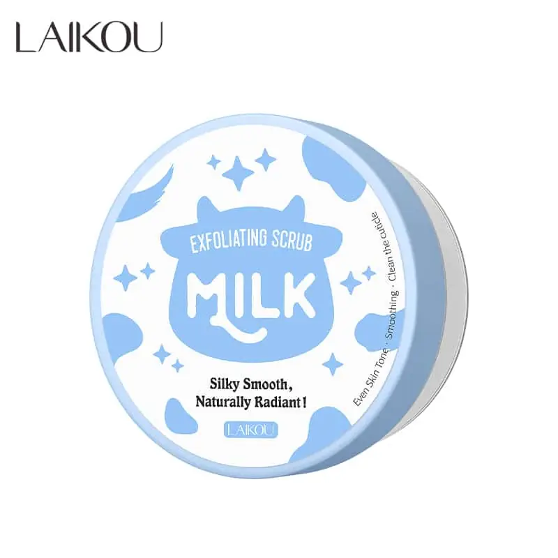 Laikou Milk Exfoliating Scrub 90g tube, white with blue design, standing upright. - thumbnail