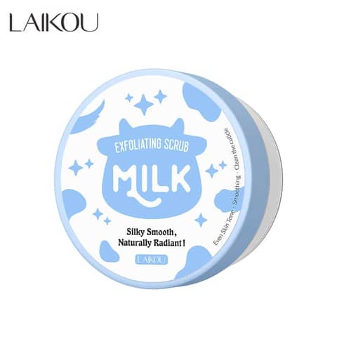 Laikou Milk Exfoliating Scrub 90g tube, white with blue design, standing upright.