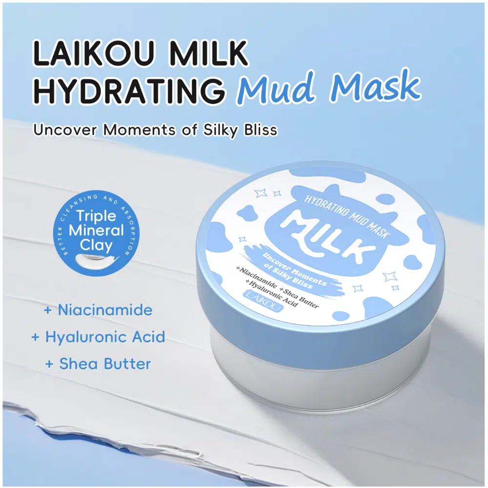 Laikou Milk Hydrating Mud Mask 90g in white jar with blue lid, creamy milk splash label.