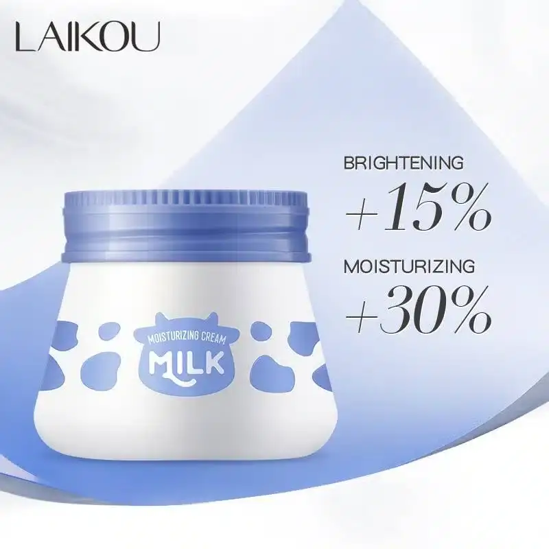 Angled view of Laikou Milk Moisturizing Cream jar, surrounded by fresh milk splashes. - thumbnail