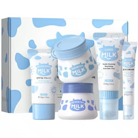 Laikou Milk Skin Care 5-piece set, white and blue bottles for a comprehensive moisturizing routine.