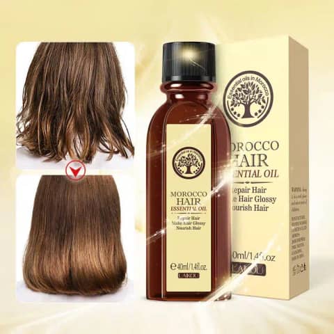 Laikou Morocco Argan Oil essential hair serum, 40ml amber glass dropper bottle.