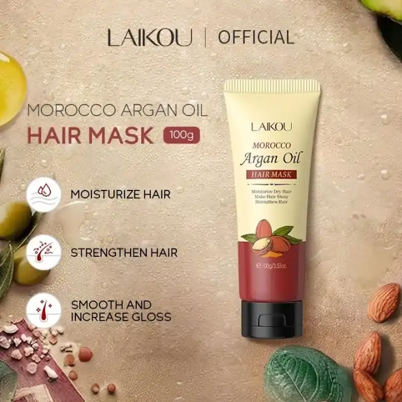 Laikou Argan Oil Hair Mask jar open, showing rich creamy yellow texture with spatula. - thumbnail