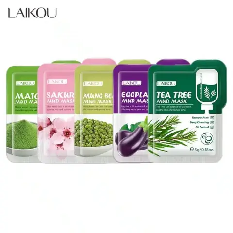 Laikou 5-piece mud mask stick set: Matcha, Sakura, Mung Bean, Eggplant, Tea Tree variants.