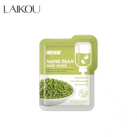 Laikou Mung Bean Mud Mask 5g sachet, front view, green packaging, ready to use.