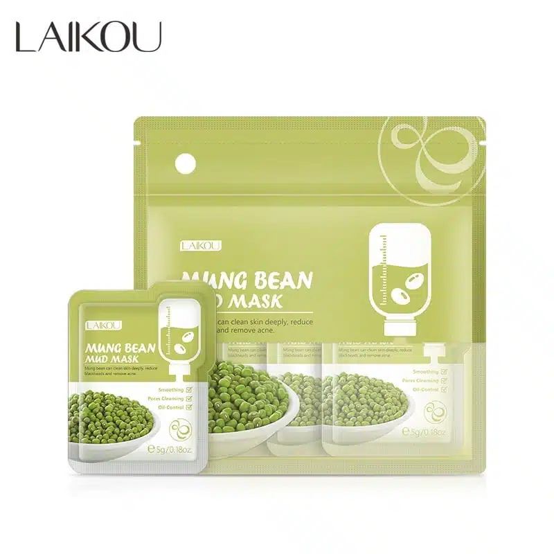 Laikou Mung Bean Mud Mask 12pcs retail box displaying one individual 5gm sachet, front view. - thumbnail