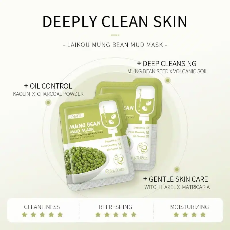 Laikou Mung Bean Mud Mask 12-piece box, angled view, surrounded by multiple 5gm individual sachets. - thumbnail