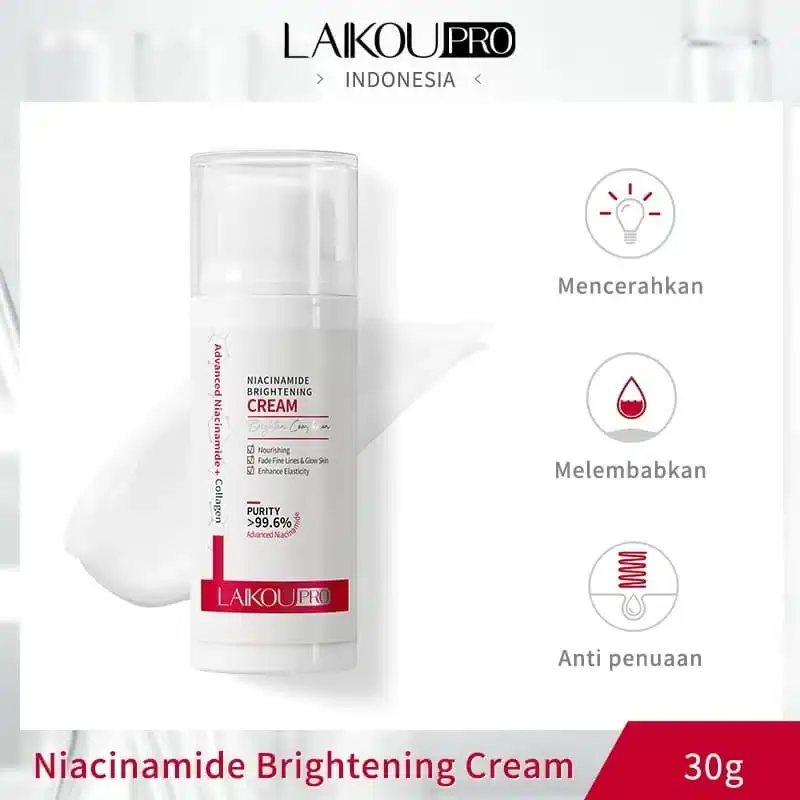 Open Laikou Niacinamide Brightening Cream jar revealing white texture, finger dipping in. - thumbnail