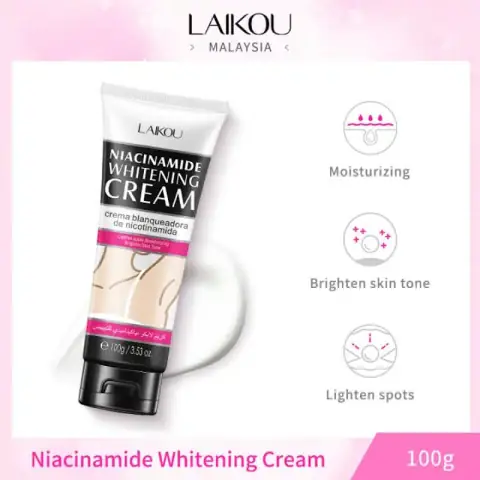 Laikou Niacinamide Whitening Cream in its white jar with a metallic gold lid, front angled view.