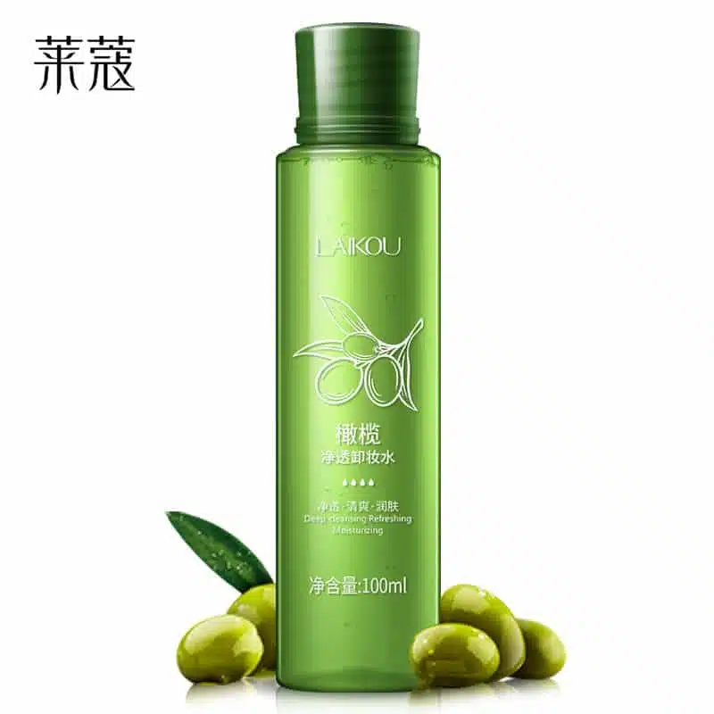 Laikou Olive Makeup Remover 100ml biphasic formula bottle, front view, showing oil and water layers. - thumbnail