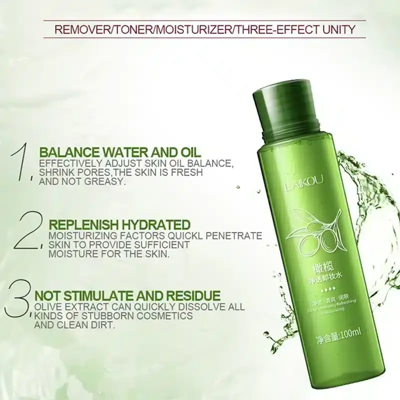 Close-up of Laikou Olive Makeup Remover 100ml bottle, focusing on the pump dispenser and label. - thumbnail