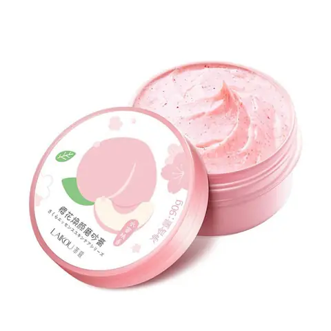 Open Laikou Peach Body Scrub jar showing creamy pink texture and white spatula.