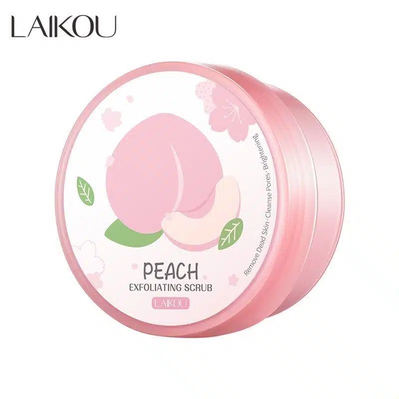 Laikou Peach Exfoliating Body Scrub, 90gm, in its vibrant pink tube packaging, displayed prominently. - thumbnail