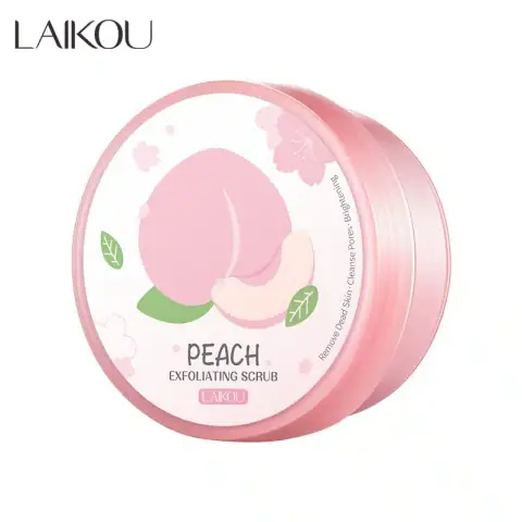Laikou Peach Exfoliating Body Scrub, 90gm, in its vibrant pink tube packaging, displayed prominently.