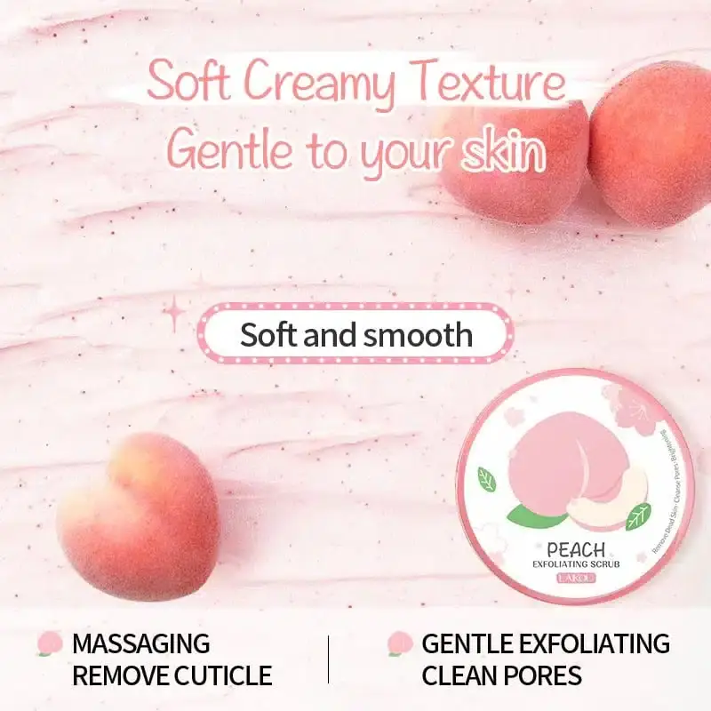 Laikou Peach Exfoliating Body Scrub tube next to a creamy peach-colored product swatch on fruit. - thumbnail