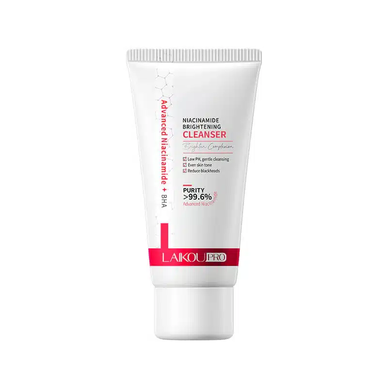 Laikou Pro Niacinamide Brightening Cleanser 50ml tube, white with pink cap, front view. - thumbnail
