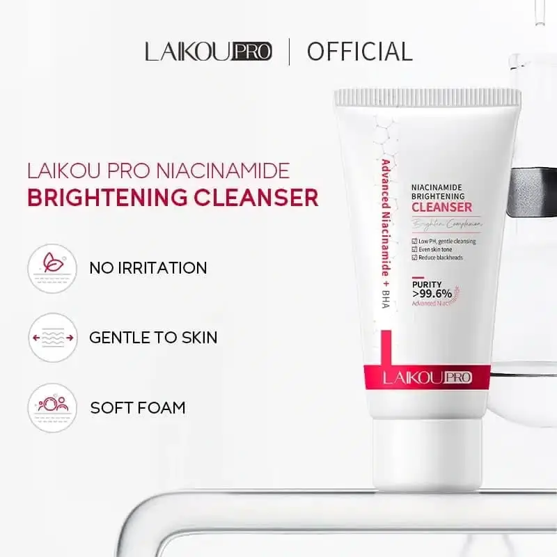 Laikou Niacinamide Brightening Cleanser tube with creamy white product swatch on finger. - thumbnail