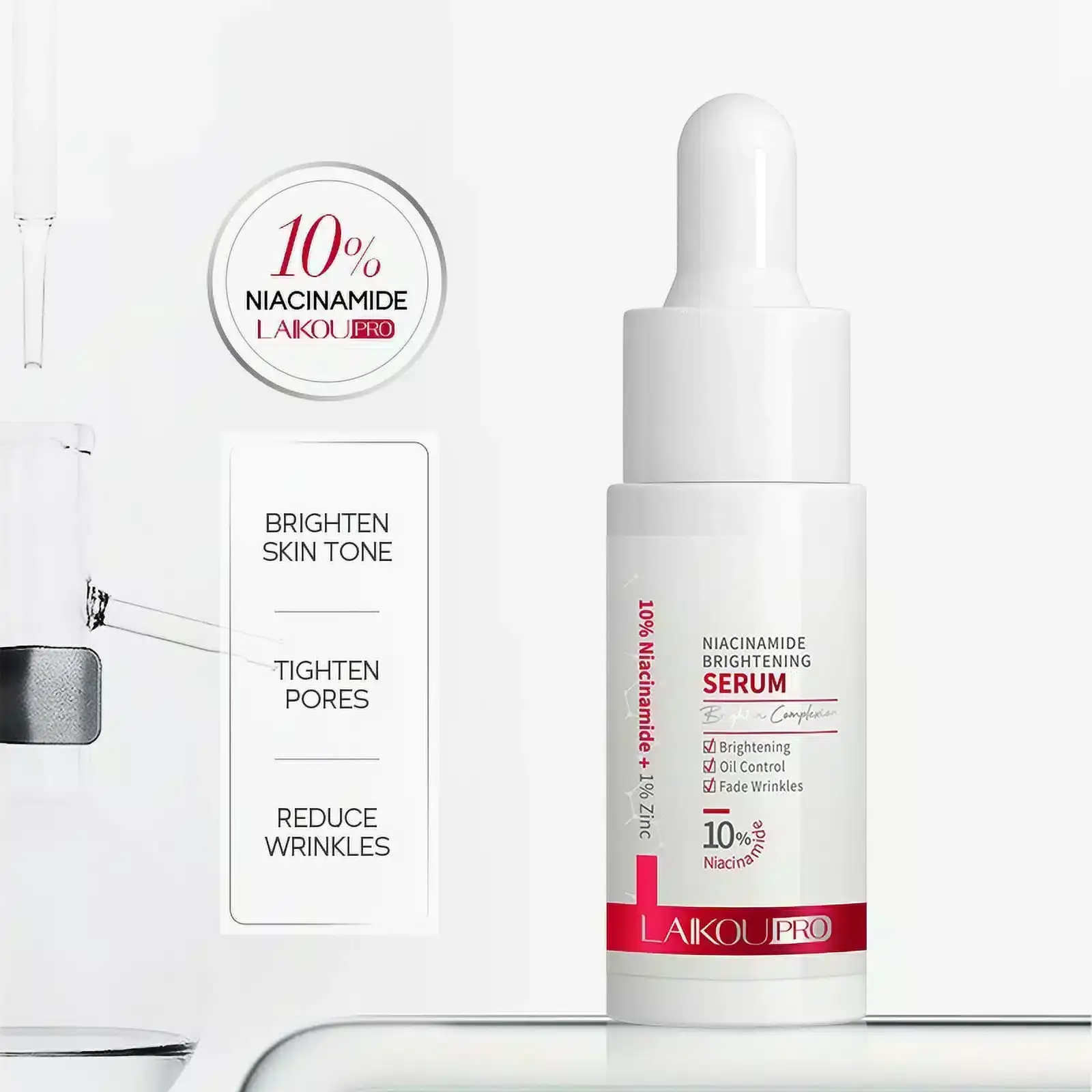 Laikou Pro Niacinamide serum bottle with dropper applying a clear drop on a light surface. - thumbnail