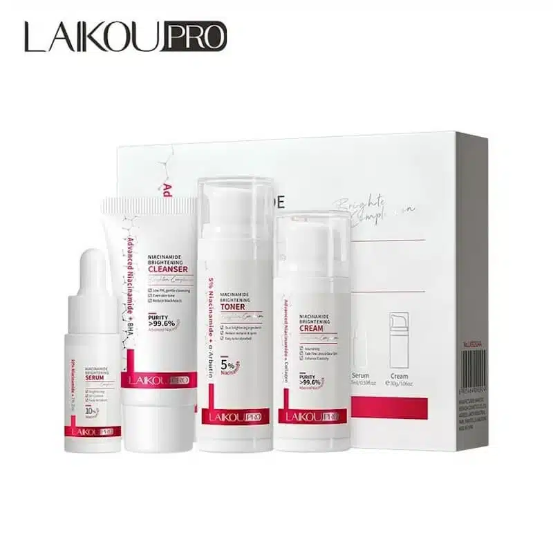 Full Laikou Pro Niacinamide 4-piece skincare set in elegant white and gold packaging on display. - thumbnail