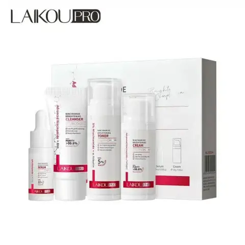 Full Laikou Pro Niacinamide 4-piece skincare set in elegant white and gold packaging on display.