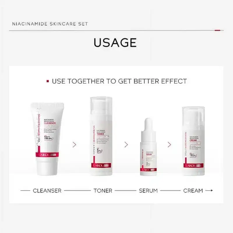 Close-up of Laikou Pro Niacinamide skincare set box, detailing brightening solution benefits and product names. - thumbnail