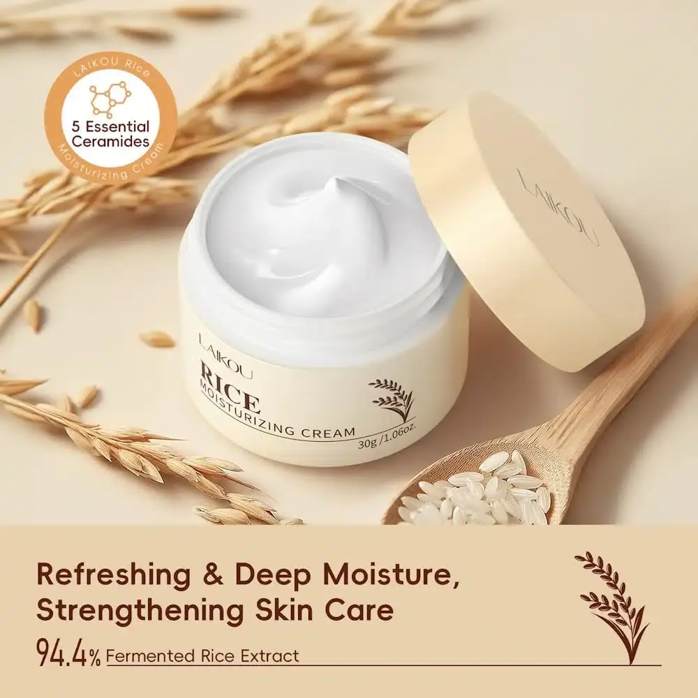 Open Laikou Rice Moisturizer Cream jar revealing smooth white texture inside. - thumbnail