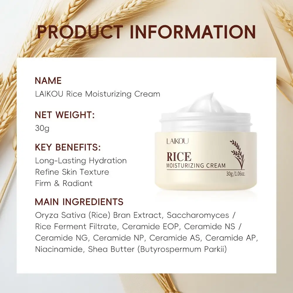 Laikou Rice Moisturizer Cream jar displayed with its branded outer packaging box. - thumbnail