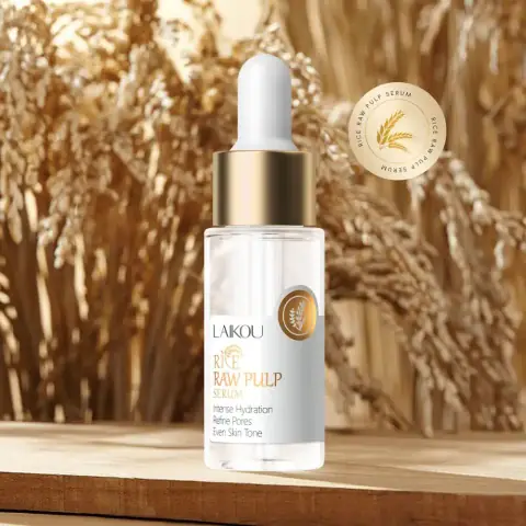 Laikou Rice Raw Pulp Serum 17ml, amber glass bottle with white dropper, front view.