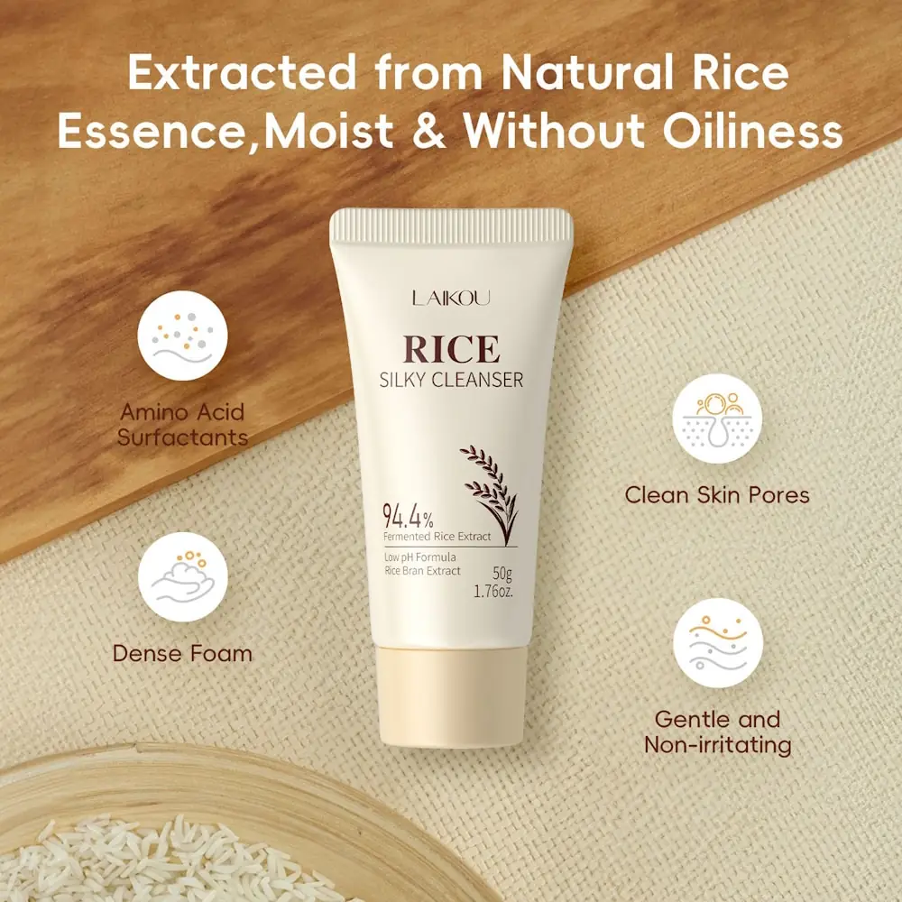 Close-up of Laikou Rice Silky Cleanser 50g tube with white creamy product squeezed out. - thumbnail
