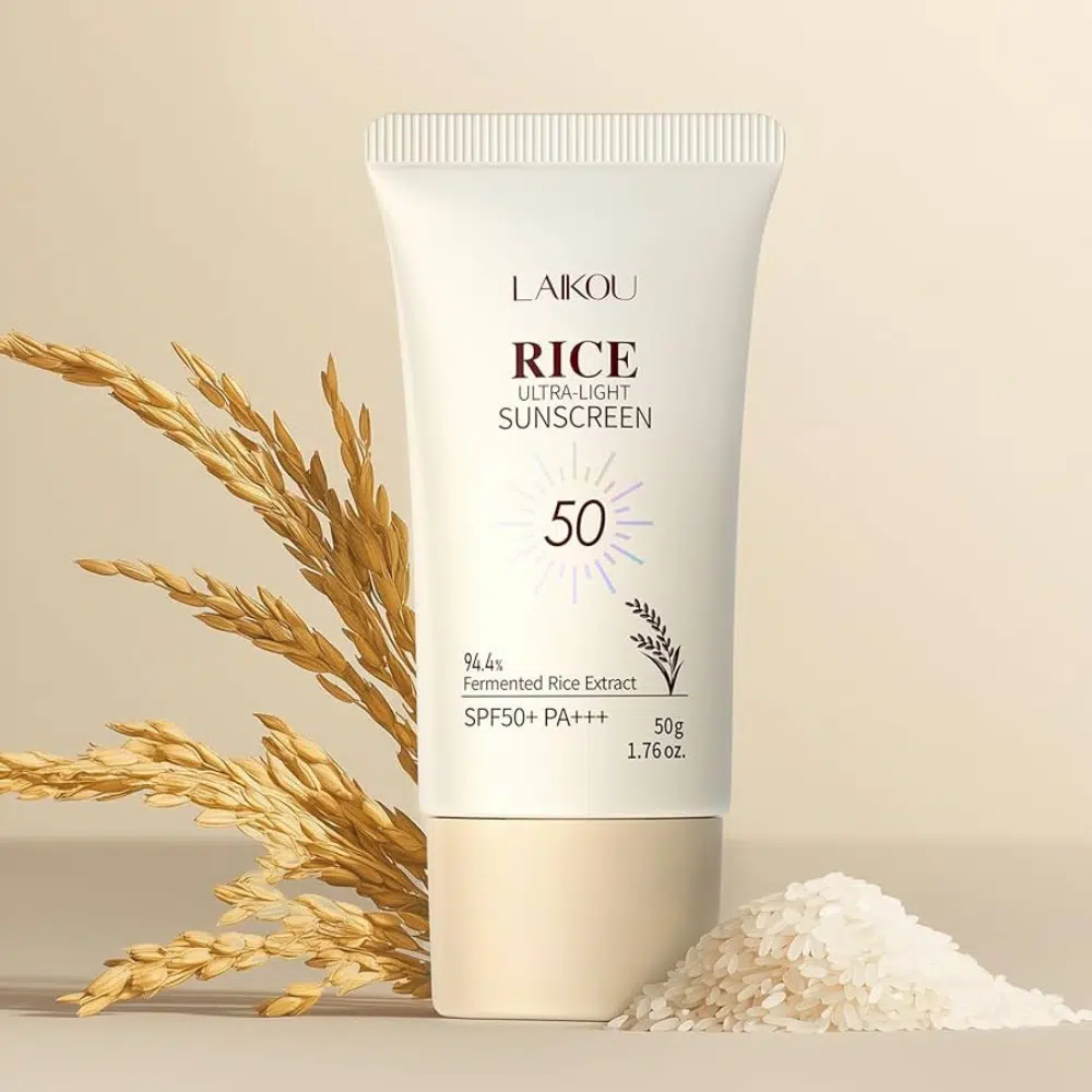 White Laikou Rice Ultra-Light Sunscreen SPF50+ PA+++ 50g tube with green accents, standing upright.