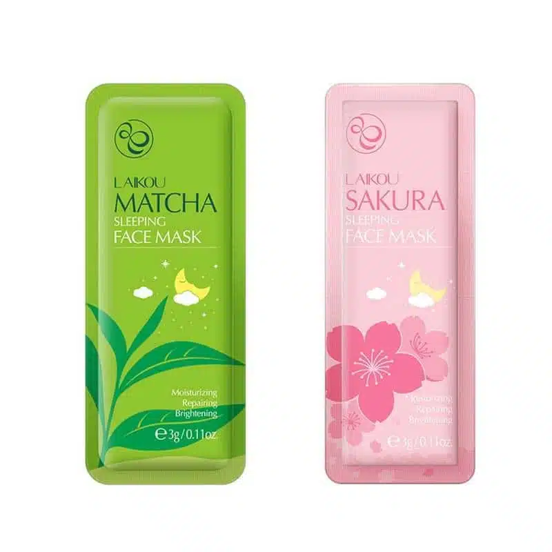 Laikou Sakura and Matcha sleeping mask individual sachets, green and pink, displayed prominently. - thumbnail