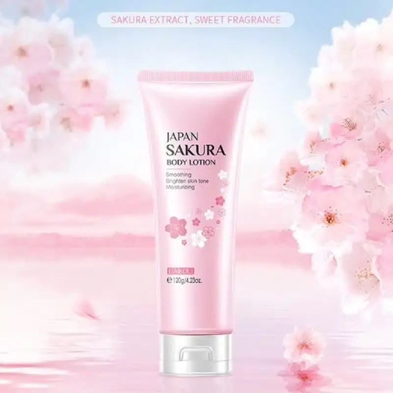 Laikou Sakura Body Lotion in a sleek pink bottle with white pump, standing upright. - thumbnail