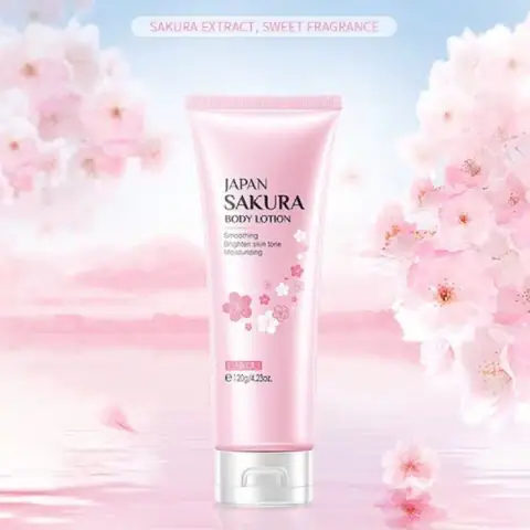 Laikou Sakura Body Lotion in a sleek pink bottle with white pump, standing upright.