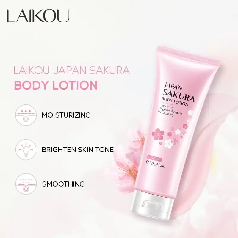 Laikou Sakura Body Lotion bottle artfully displayed beside delicate pink cherry blossom flowers. - thumbnail