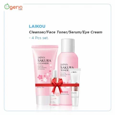 Laikou Sakura 4-piece set: pink cleanser, toner, serum, and eye cream on white background.