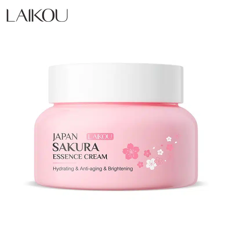 Front view of Laikou Sakura Essence Cream 60gm jar with pink lid and cherry blossom label. - thumbnail