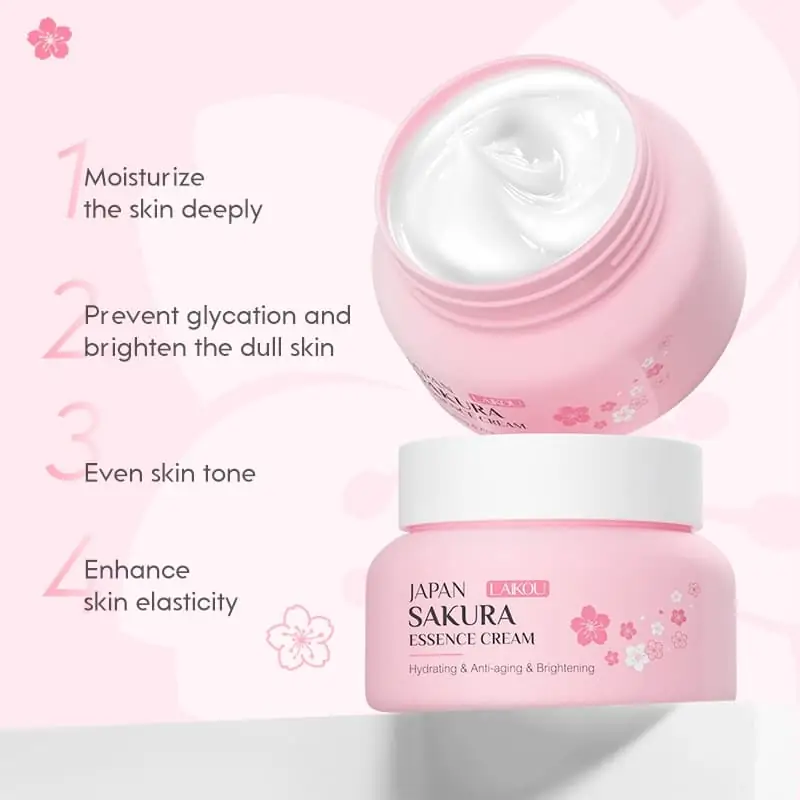 Laikou Sakura Essence Cream 60gm jar with lid off, revealing smooth white cream and spatula. - thumbnail