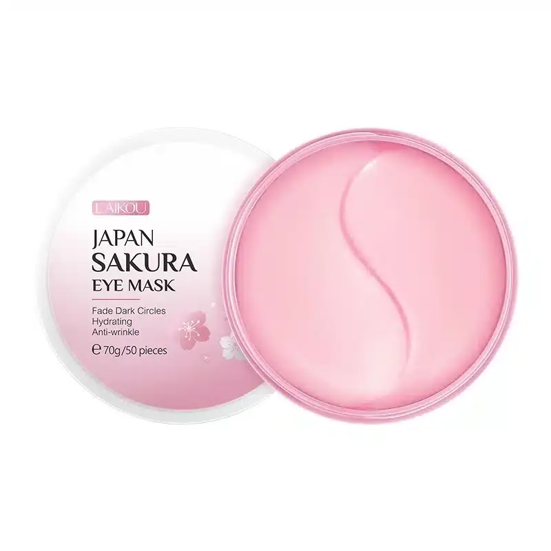 Full Laikou Sakura Eye Mask 50pcs jar, pink hydrogel patches, and applicator on display. - thumbnail