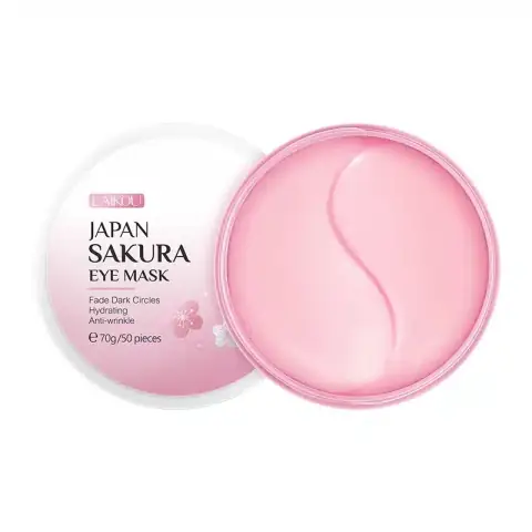 Full Laikou Sakura Eye Mask 50pcs jar, pink hydrogel patches, and applicator on display.