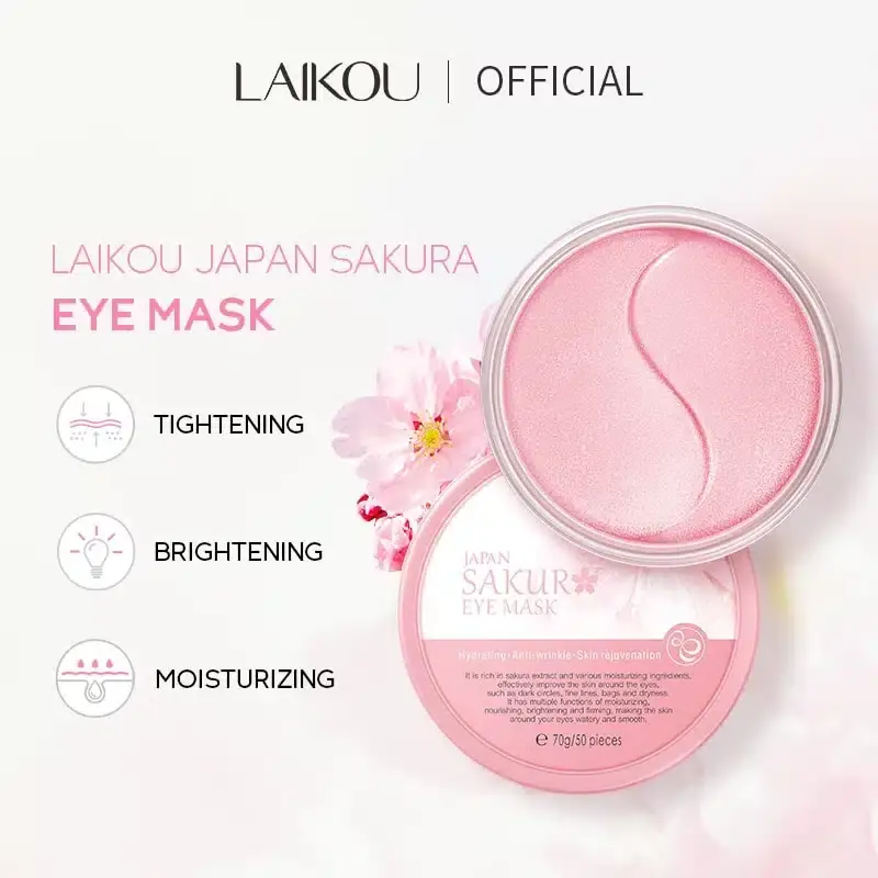 Open Laikou Sakura Eye Mask jar, revealing many glistening pink hydrogel patches and spatula. - thumbnail