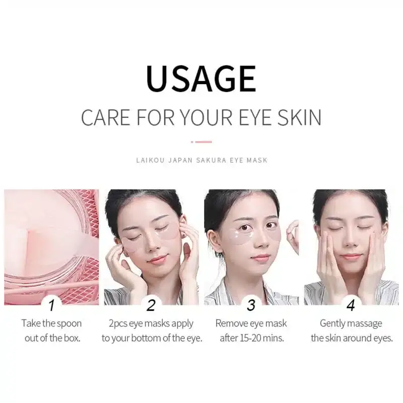 Two Laikou Sakura Eye Masks applied under eyes, demonstrating product usage for skincare. - thumbnail