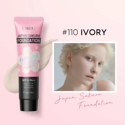 Laikou Sakura Foundation Ivory 110 bottle, SPF15 PA++, showing pink cap and cherry blossom design.