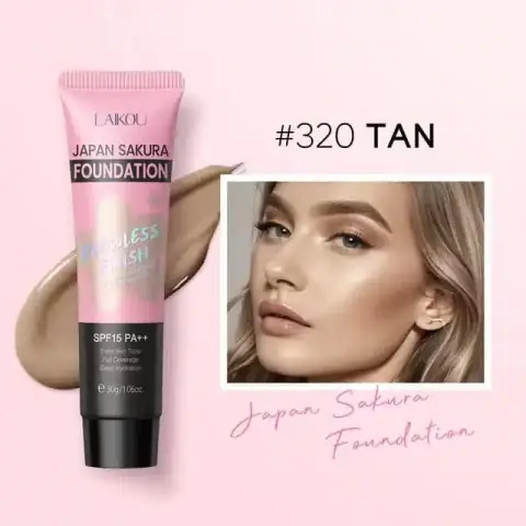Laikou Sakura Foundation 320 tan shade in a glass bottle with pump, featuring SPF15 PA++.