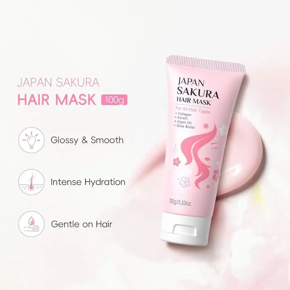 Open Laikou Sakura Hair Mask jar revealing rich pink creamy texture and white lid. - thumbnail